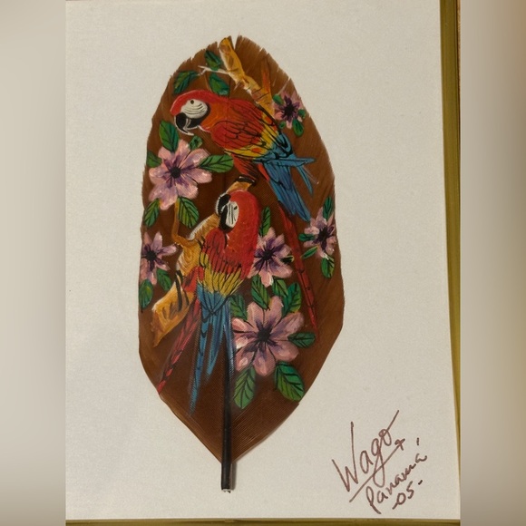 Hand Painted Tropical Parrots on Feather Artist Wago Signed Panama Framed - Picture 2 of 3